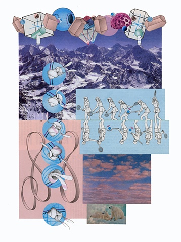 Paper collage with pink and blue jewel, mountain, snail, and mobius strip by Anne Roecklein
