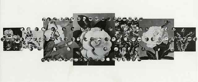 Paper collage with flowers, eyes, ears, mouths, noses, and hands by Anne Roecklein
