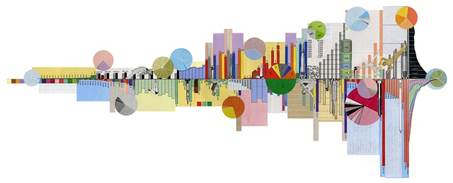 Paper collage with multi-color pie charts, graphs, and gymnasts by Anne Roecklein