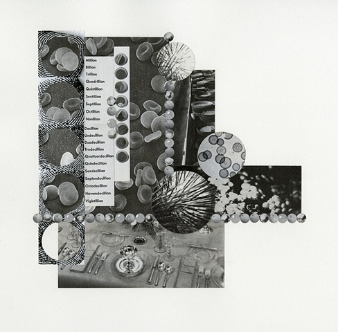 Paper collage with black and white forms, blood cells, oranges, place setting, sphere and circle forms and a list of gigantic numbers including undecillion by Anne Roecklein 