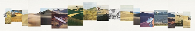 Large composite landscape paper collage including sand dunes and radio telescopes by Anne Roecklein.