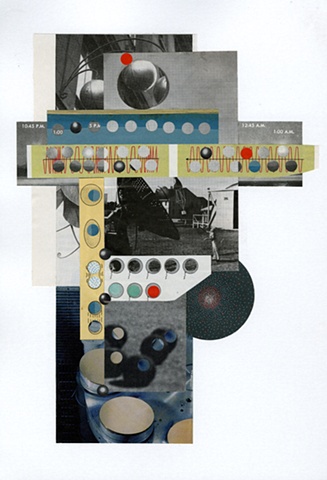 Paper collage with grey, blue, and red forms by Anne Roecklein