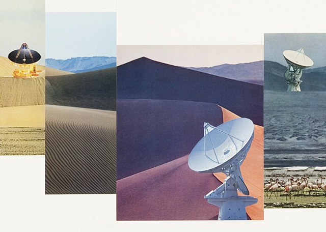Large composite landscape paper collage including sand dunes and radio telescopes by Anne Roecklein.