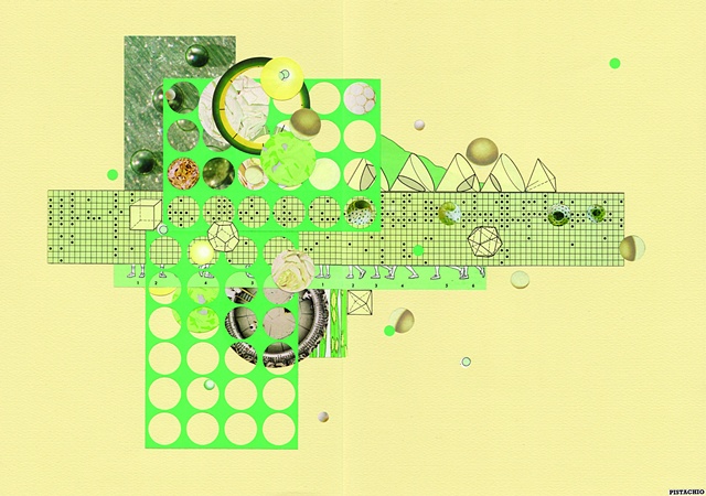 Paper collage with bright yellow and green circle sphere and cone forms by Anne Roecklein