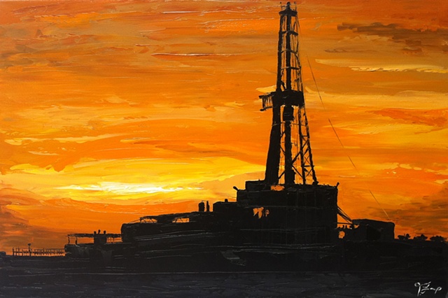 oil rig silhouette palette knife painting trisha lamoreaux