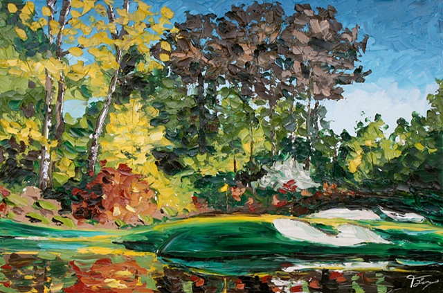August National 12 hole amen corner painting bell colorful texture original palette knife unique 