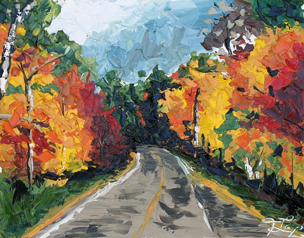contemporary landscape texture palette knife painting of trees lining a street by Trisha Lamoreaux