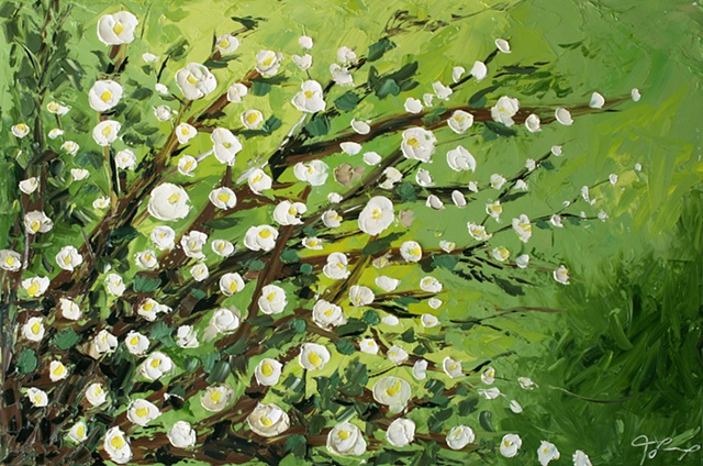 Bright green modern floral abstract palette knife painting lime white willows