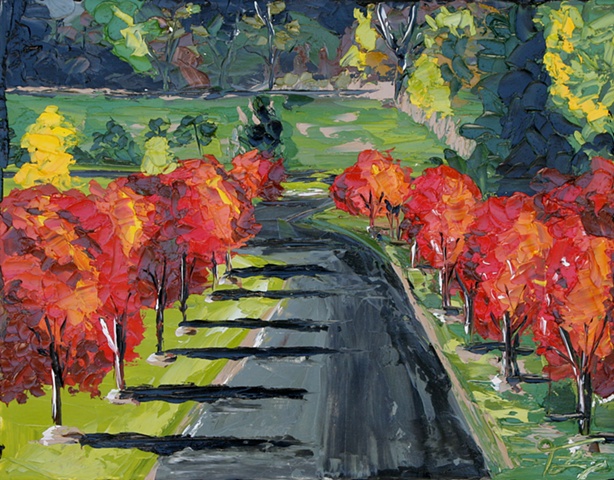 contemporary landscape texture palette knife painting of trees lining a street