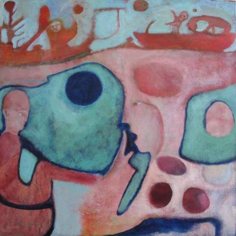 story, fable, history, figures, green, peach, maroon, navy, boat
