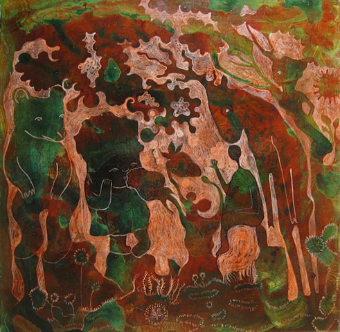 Strawberry, Forest, "mixed media, bear, deer, stag, figures, red, green