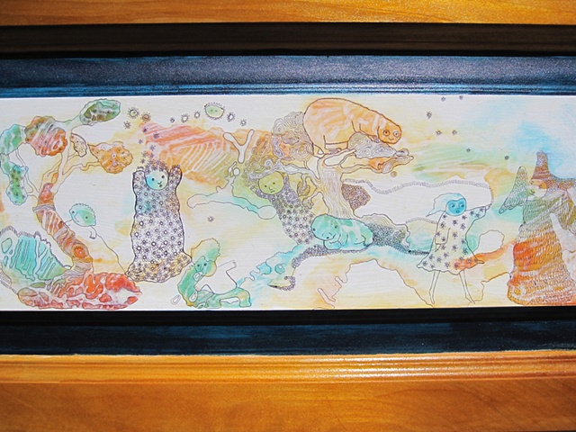 marmots, painting, drawing, ink, pen, oak, acrylic, orange, green, tree, figures