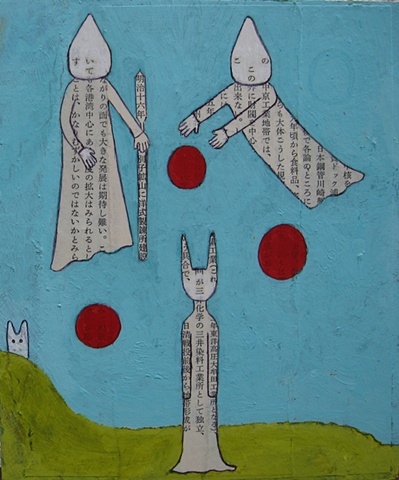 neighbors, ghosts, red, green, blue, figures, painting, balls