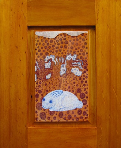 bunny, blue, rabbit, oak, trees, painting, acrylic, pen, ink, blue