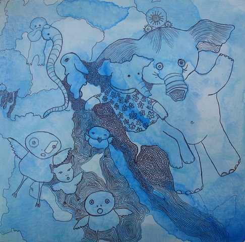 elephant, bear, animals, blue, painting, "mixed media"