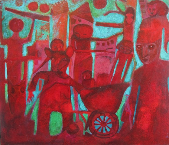 painting, red, crimson, creatures, acrylic, cabal