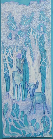 white, forest, creatures, oak, panel, pen, turquoise, ink, acrylic, painting