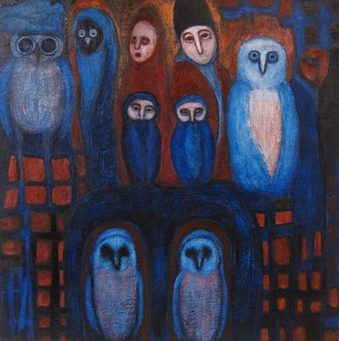 owls painting, acrylic red blue