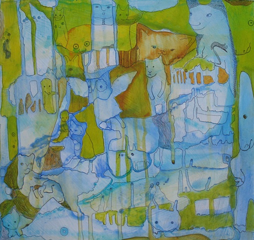 painting, Portland, art, figures, animals, creatures, pen, ink, blue, orange, green