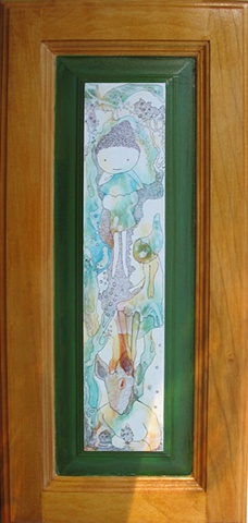 painting, Portland, art, figures, animals, creatures, pen, ink, blue, orange, 