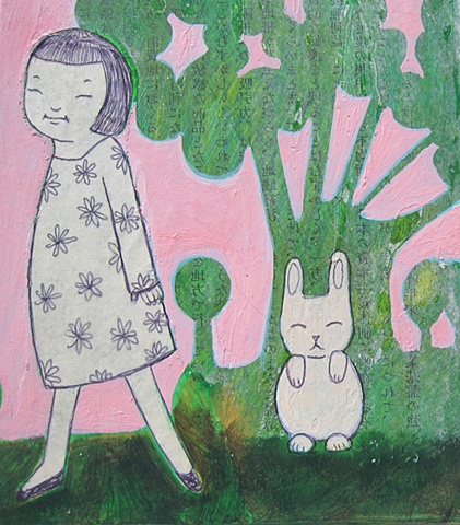 mixed, media, pen, ink, acrylic, asian, text, figure, bull, nightmare, red, blue, rabbit, pink, green