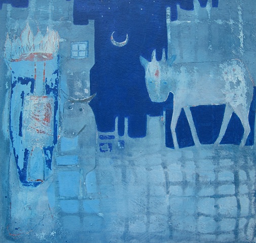 blue cows moon ACRYLIC PAINTING