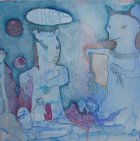 painting, Portland, art, figures, animals, creatures, pen, ink, blue, orange, green