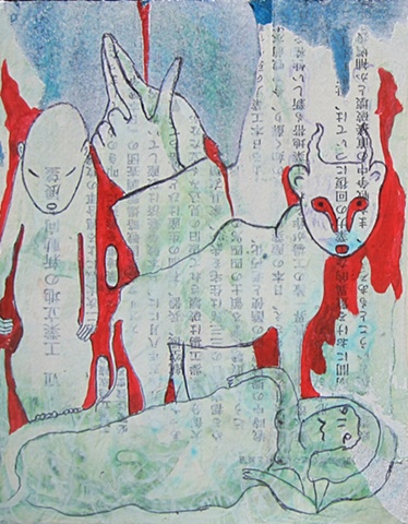 mixed, media, pen, ink, acrylic, asian, text, figure, bull, nightmare, red, blue
