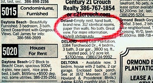 ad in the 'Houses for Rent' section of the 'Daytona Beach News Journal'