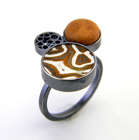 three disc cluster ring with wood and mokume gane