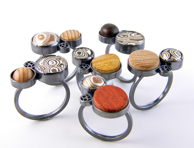 disc cluster rings with wood and mokume gane