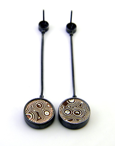 sterling silver drop disc earrings with copper/silver mokume gane