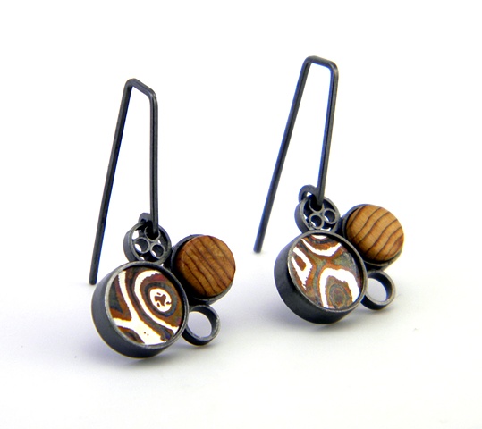 disc cluster earrings with wood and mokume gane