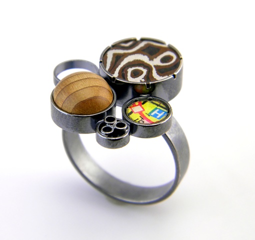 five disc cluster ring with wood, mokume gane, and mpa