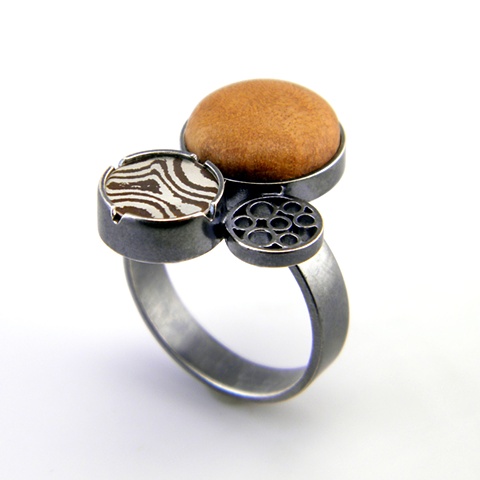 disc cluster ring with wood and mokume gane