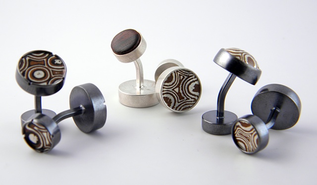 disc cufflinks with wood and mokume gane