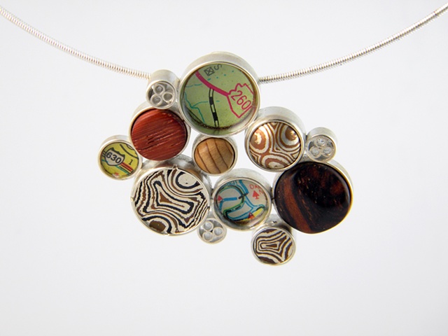 Large Disc Cluster Pendant (Matte Finish) with wood, mokume gane, map