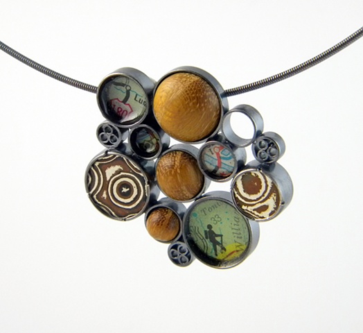 Large Disc Cluster Pendant (Oxidized Finish) with wood, map and mokume gane