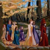 Princesses walking through forest. 