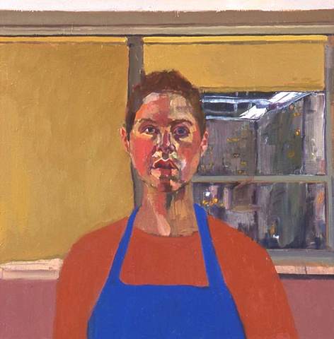 oil painting on canvas self portrait with blue apron in studio by painter Chrisitna Renfer Vogel