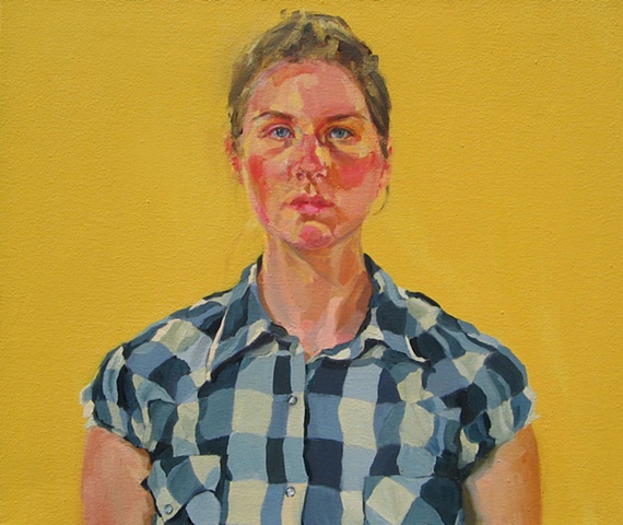 oil painting on canvas of self portrait in checkered western shirt on yellow background by Christina Renfer Vogel
