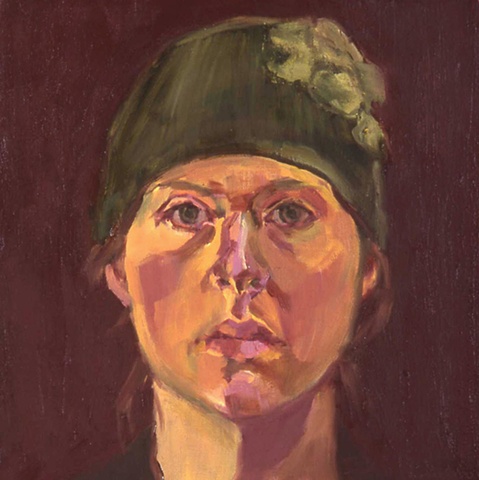 oil painting canvas self portait with green hat by Christina Renfer Vogel