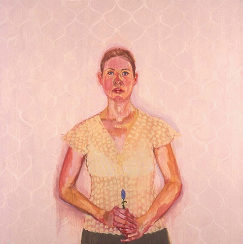 oil painting canvas self portrait woman holding flower on pink background by Christina Renfer Vogel