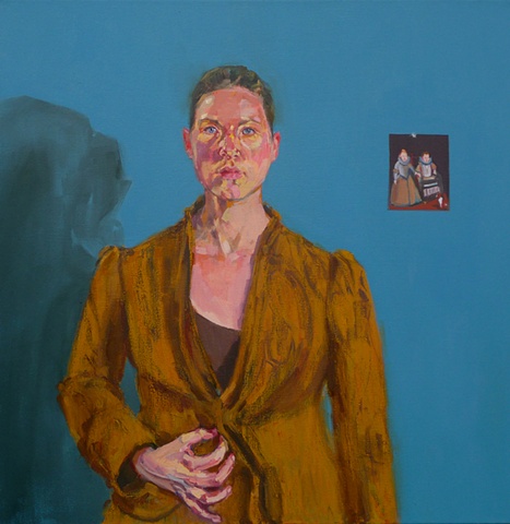 oil painting on canvas of self portrait with gold jacket and photograph by Christina Renfer Vogel