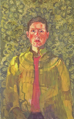 oil painting canvas self portrait woman with green jacket on green pattern by Christina Renfer Vogel
