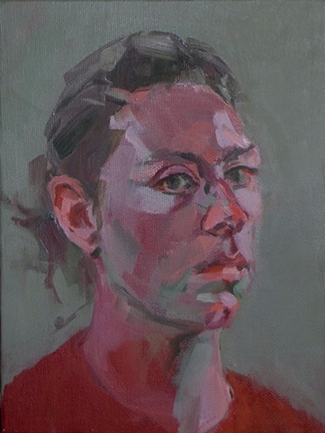 oil painting on canvas of self portrait with red and green by painter Christina Renfer Vogel