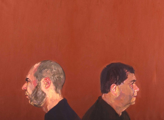 oil painting on linen of a double portrait, two men facing back to back by Christina Renfer Vogel