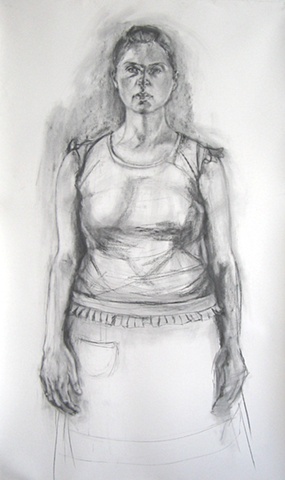 charcoal drawing paper self portrait woman wearing apron by painter Christina Renfer Vogel
