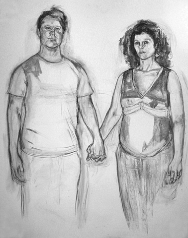 charcoal gesso drawing on paper double portrait of Lauren and Alex by painter Christina Renfer Vogel