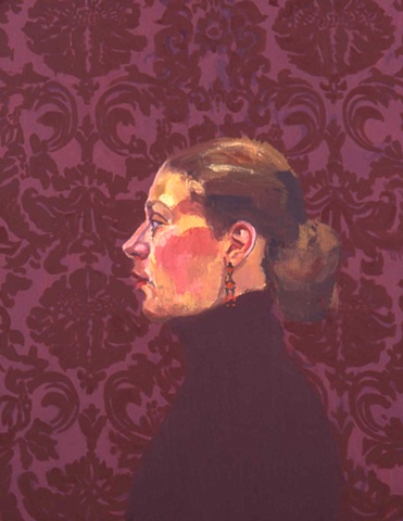oil painting canvas self portrait profile earring purple pattern background by Christina Renfer Vogel